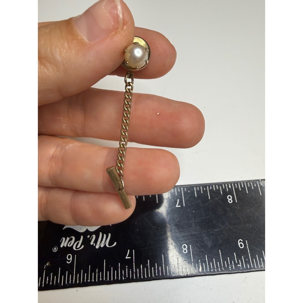 Vintage Gold Tone Faux Pearl Tie Tack with Safety Chain T-Bar Accent